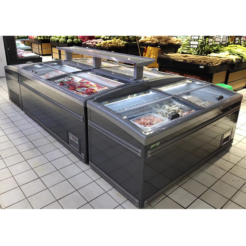 Gıda mağazası için otomatik dondurucuyla beyaz / gri süpermarket adası dondurucusu