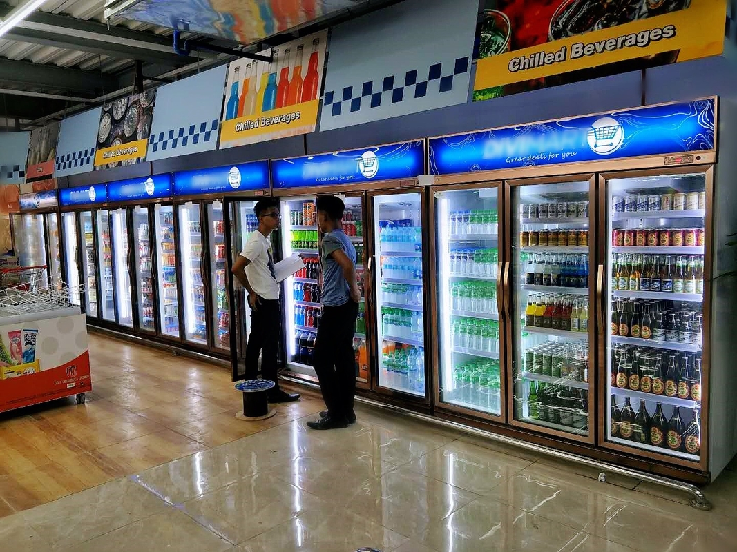 Uzanma Tipi Buzdolabı Ticari İçecek Soğutucu 3 Cam Kapılı Ticari Dik Tip Buzdolabı Enerji Verimli