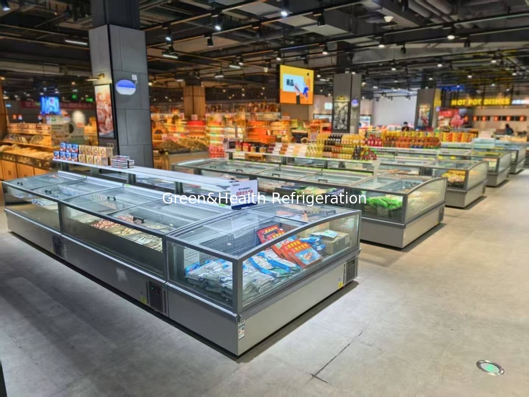 Süpermarket Adası Dondurucu Panoramik Cam Dondurucu Otomatik Dondurucu LED Işıklı Adası Dondurucu