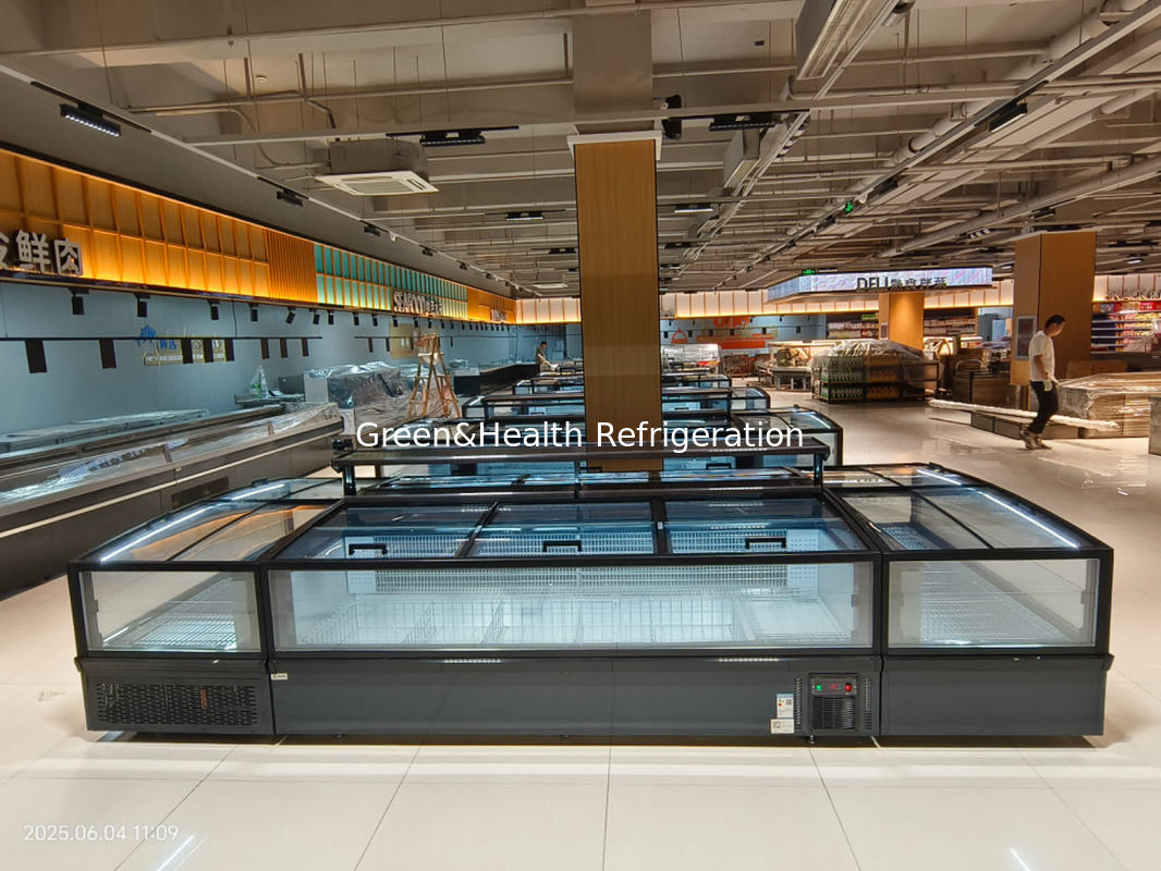 Panoramik cam kapı süpermarket ada dondurucu büyük kapasiteli kutu dondurucu dondurulmuş yemekler için