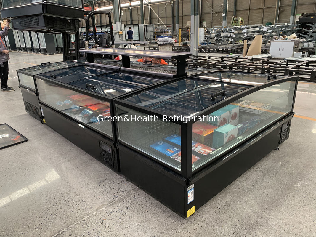 Panoramik cam kapı süpermarket ada dondurucu büyük kapasiteli kutu dondurucu dondurulmuş yemekler için