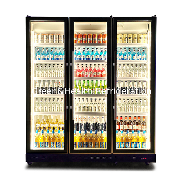 Three Glass Doors Vertical Commercial Latest Model Multiple LED Lights Beverage Refrigeration Display Freezer
