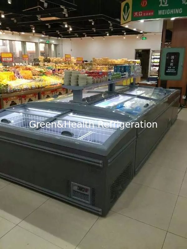 Esnek Ekran Türü Cam Kapı Otomatik Dondurucu Süpermarket Adası Dondurucu