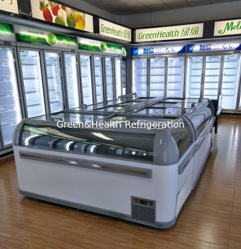 1LED ışığı ve R404a Soğutucu 2100x890x890mm ile.9m Ticari Ada Ekran Dondurucusu