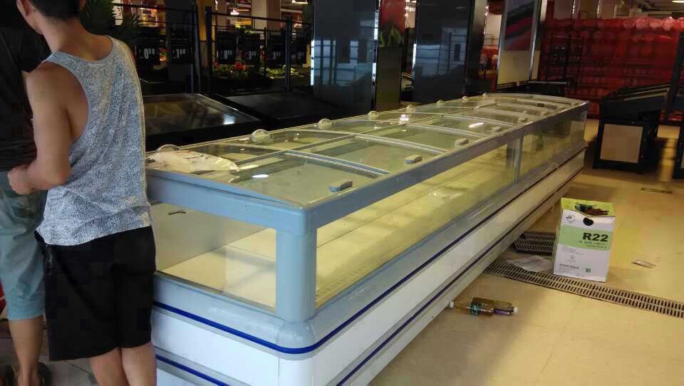 Büyük Mağaza R404a Süpermarket Ada Dondurucu Eğri Cam ile Beyaz Renk