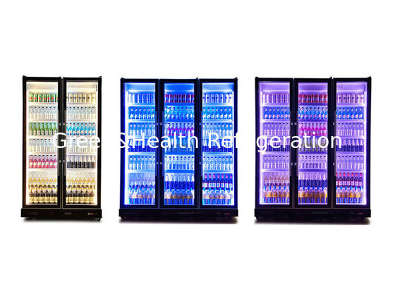 3 Kapılı İçecek Teşhir Soğutucu Üç Renkli LED Işık Dikey Dazzle Siyah İçecek Soğutucu